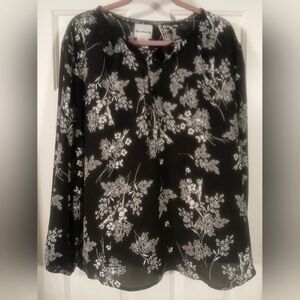 Bon Worth Women's Black Floral Long Sleeve Semi-Sheer Blouse Size XLP